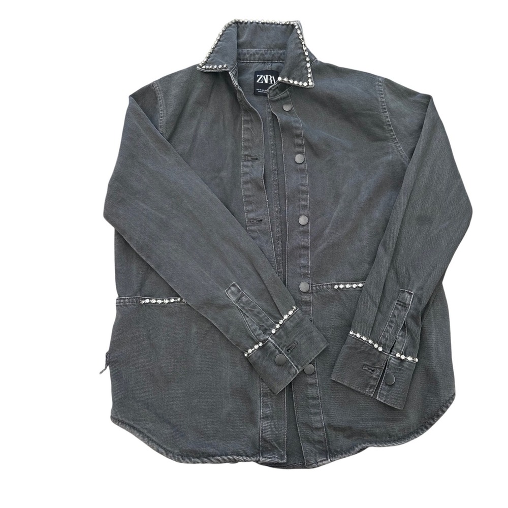 Zara Rhinestone Embellished Denim Shirt Jacket Gray Washed Cotton Shacket XS